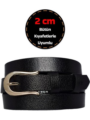 %100 Hakiki Deri, Gold Renk Tokalı Ince 2 cm Siyah Kadın Kemeri; Elbise, Pantolon Kemeri_atnlı