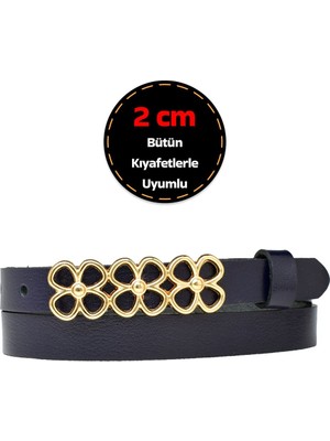 %100 Hakiki Deri, Gold Renk Tokalı Ince 2 cm Lacivert Kadın Kemeri; Elbise, Pantolon KEMERI_3LÜÇİÇEK