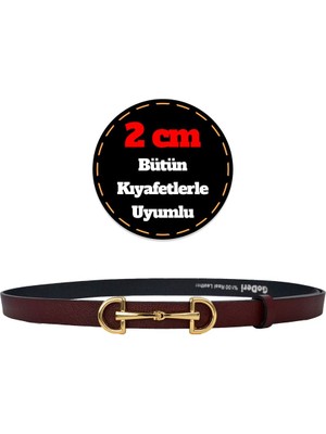 %100 Hakiki Deri, Gold Renk Tokalı Ince 2 cm Bordo Kadın Kemeri; Elbise, Pantolon Kemerid&d