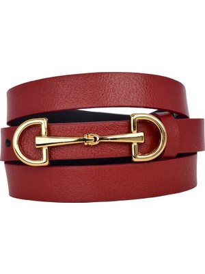 %100 Hakiki Deri, Gold Renk Tokalı Ince 2 cm Kırmızı Kadın Kemeri; Elbise, Pantolon Kemeri D&d_g