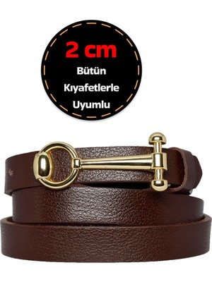 %100 Hakiki Deri, Gold Renk Tokalı 2 cm Koyu Kahverengi Kadın Kemeri; Elbise, Pantolon Kemeri_anht