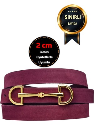 %100 Hakiki Yumuşak Nubuk Deri, Gold Renk Toka 2 cm Mor Kadın Kemer; Elbise, Pantolon Kemeri D&dgold