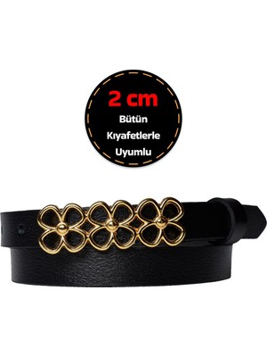 %100 Hakiki Deri, Gold Renk Tokalı Ince 2 cm Siyah Kadın Kemeri; Elbise, Pantolon KEMERI_3LÜÇİÇEK
