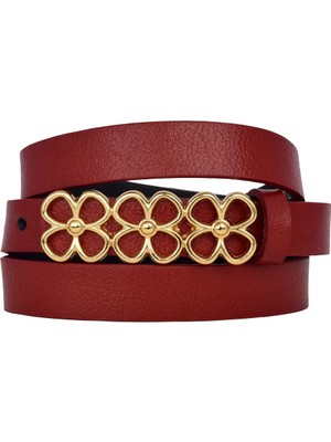 %100 Hakiki Deri, Gold Renk Tokalı Ince 2 cm Kırmızı Kadın Kemeri; Elbise, Pantolon KEMERI_3LÜ.ÇÇEK