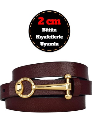 %100 Hakiki Deri, Gold Renk Tokalı Ince 2 cm Bordo Kadın Kemeri; Elbise, Pantolon Kemeri_anhtr