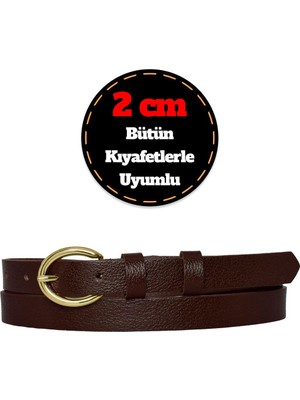 %100 Hakiki Deri, Renk Tokalı Ince 2 cm Koyu Kahverengi Kadın Kemeri; Elbise, Pantolon Kemeri_boval