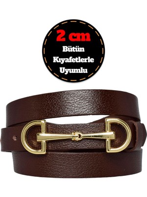 %100 Hakiki Deri, Renk Tokalı Ince 2 cm Koyu Kahverengi Kadın Kemeri; Elbise, Pantolon Kemerid&d