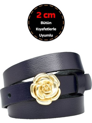 %100 Hakiki Deri, Gold Renk Tokalı Ince 2 cm Lacivert Kadın Kemeri; Elbise, Pantolon Kemeri_gülr