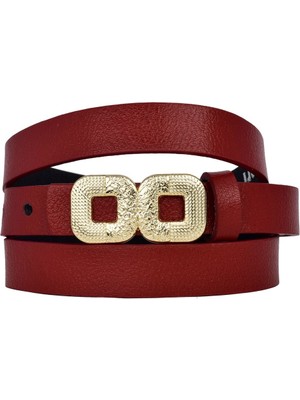 %100 Hakiki Deri, Gold Renk Tokalı Ince 2 cm Kırmızı Kadın Kemeri; Elbise, Pantolon Kemeri Göz.kare