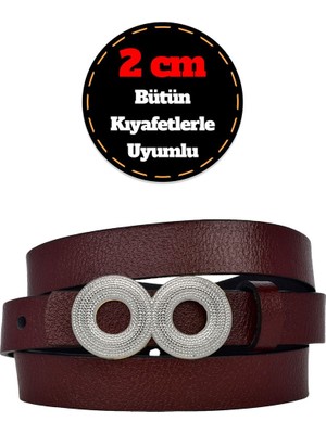 %100 Hakiki Deri, Gümüş Tokalı Ince 2 cm Bordo Kadın Kemeri; Elbise Kemeri, Pantolon Kemeri_gözovr