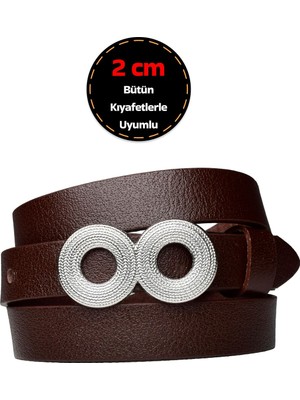 %100 Hakiki Deri, Gümüş Tokalı Ince 2 cm Koyu Kahverengi Kadın Kemeri; Elbise, Pantolon Kemeri_gözov