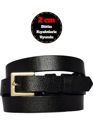 %100 Hakiki Deri, Gold Renk Tokalı Ince 2 cm Siyah Kadın Kemeri; Elbise, Pantolon Kemeri_kare
