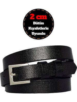 %100 Hakiki Deri, Gümüş Tokalı Ince 2 cm Siyah Kadın Kemeri; Elbise Kemeri, Pantolon Kemeri_kare