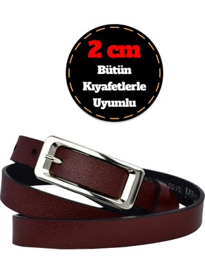 %100 Hakiki Deri, Gümüş Tokalı Ince 2 cm Bordo Kadın Kemeri; Elbise Kemeri, Pantolon Kemeri_dikd