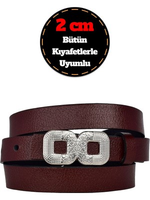 %100 Hakiki Deri, Gümüş Tokalı Ince 2 cm Bordo Kadın Kemeri; Elbise Kemeri, Pantolon Kemeri_gözkar