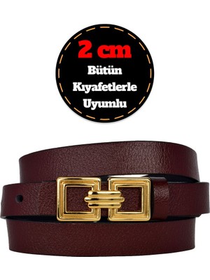 %100 Hakiki Deri, Gold Renk Tokalı Ince 2 cm Bordo Kadın Elbise, Pantolon Kemeri; Kare+Kare