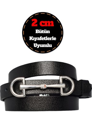 %100 Hakiki Deri, Gümüş Tokalı Ince 2 cm Siyah Kadın Kemeri; Elbise Kemeri, Pantolon Kemerid&d