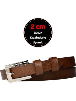 %100 Hakiki Deri, Gümüş Tokalı Ince 2 cm Açık Kahverengi Kadın Kemeri; Elbise, Pantolon Kemeri_dbüyk