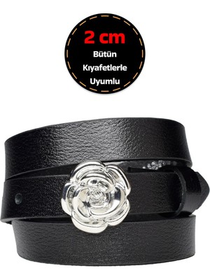%100 Hakiki Deri, Gümüş Tokalı Ince 2 cm Siyah Kadın Kemeri; Elbise Kemeri, Pantolon Kemeri_gülr