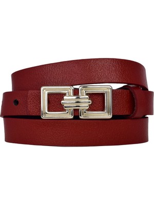 %100 Hakiki Deri, Gümüş Tokalı Ince 2 cm Kırmızı Kadın Elbise, Pantolon Kemeri; Kare+Kare