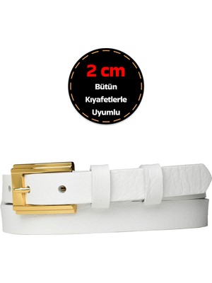 %100 Hakiki Deri, Gold Renk Tokalı Ince 2 cm Süt Beyaz Kadın Kemeri; Elbise, Pantolon Kemeri_dübüyük