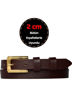 %100 Hakiki Deri, Gold Renk Tokalı 2 cm Koyu Kahverengi Kadın Kemeri; Elbise, Pantolon Kemeri_dbüyük