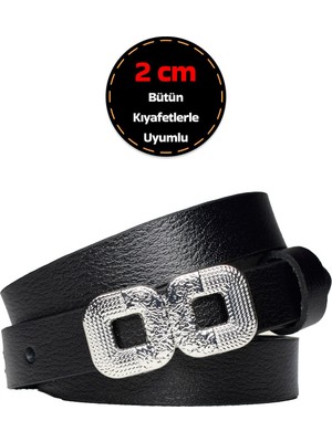 %100 Hakiki Deri, Gümüş Tokalı Ince 2 cm Siyah Kadın Kemeri; Elbise Kemeri, Pantolon Kemeri_gözkar
