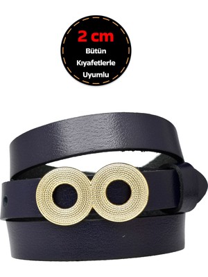 %100 Hakiki Deri, Gold Renk Tokalı Ince 2 cm Lacivert Kadın Kemeri; Elbise, Pantolon Kemeri_gözovr