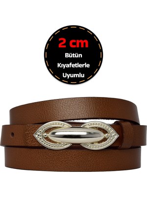 %100 Hakiki Deri, Gümüş Tokalı Ince 2 cm Açık Kahverengi Kadın Elbise, Pantolon Kemeri; Orta.tümsek