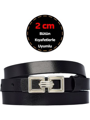 %100 Hakiki Deri, Gümüş Tokalı Ince 2 cm Siyah Kadın Elbise, Pantolon Kemeri; Kare+Kare