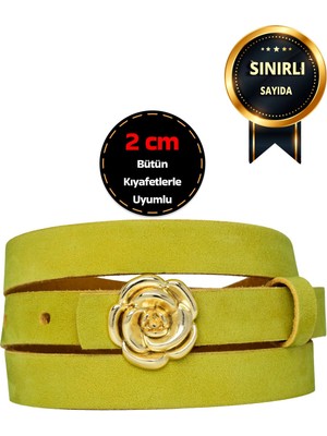 %100 Hakiki Yumuşak Nubuk Deri, 2 cm Fıstık Yeşili Kadın Kemeri; Elbise, Pantolon Kemeri Gülgold