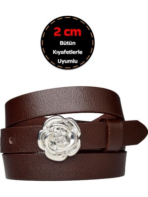 %100 Hakiki Deri, Gümüş Tokalı Ince 2 cm Koyu Kahverengi Kadın Kemeri; Elbise, Pantolon Kemeri_gül