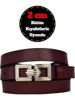 %100 Hakiki Deri, Gümüş Tokalı Ince 2 cm Bordo Kadın Elbise, Pantolon Kemeri; Kare+Kare