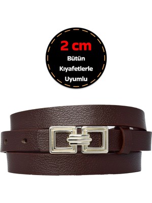 %100 Hakiki Deri, Gümüş Tokalı Ince 2 cm Koyu Kahverengi Kadın Elbise, Pantolon Kemeri; Kare+Kare