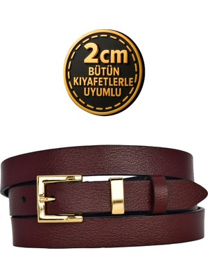 %100 Hakiki Deri Gold Renk Takım Köprülü Bordo Kadın Kemeri 2cm Bütün Kıyafetlere Uyar_kare-Gold
