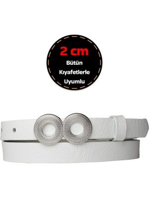 %100 Hakiki Deri, Gümüş Tokalı Ince 2 cm Süt Beyaz Kadın Kemeri; Elbise Kemeri, Pantolon Kemeri_gözo