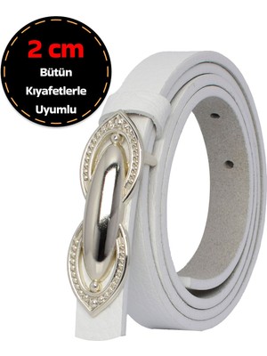 %100 Hakiki Deri, Gümüş Tokalı Ince 2 cm Beyaz Kadın Elbise, Pantolon Kemeri; Orta.tümsek