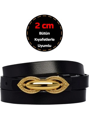 %100 Hakiki Deri, Gold Renk Tokalı Ince 2 cm Siyah Kadın Elbise, Pantolon Kemeri; Tümsek