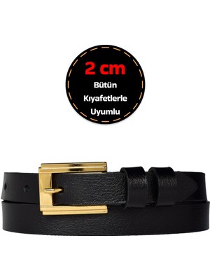 %100 Hakiki Deri, Gold Renk Tokalı Ince 2 cm Siyah Kadın Kemeri; Elbise, Pantolon Kemeri_düzbüyük