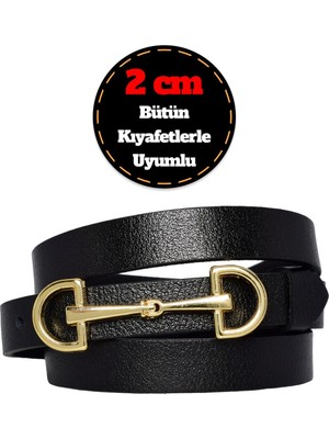 %100 Hakiki Deri, Gold Renk Tokalı Ince 2 cm Siyah Kadın Kemeri; Elbise, Pantolon Kemerid&d