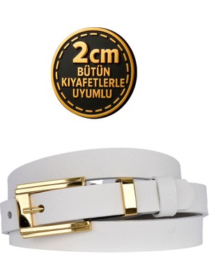 %100 Hakiki Deri Gold Renk Takım Köprülü Beyaz Kadın Kemeri 2cm Bütün Kıyafetlere Uyar_byk-Gold