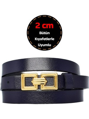 %100 Hakiki Deri, Gold Renk Tokalı Ince 2 cm Lacivert Kadın Elbise, Pantolon Kemeri; Kare+Kare