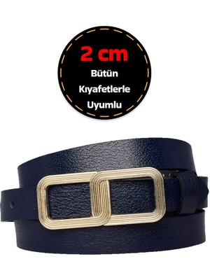 %100 Hakiki Deri, Gold Renk Tokalı Ince 2 cm Lacivert Kadın Kemeri; Elbise, Pantolon Kemeri_gözlük