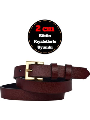 %100 Hakiki Deri, Gold Renk Tokalı Ince 2 cm Bordo Kadın Kemeri; Elbise, Pantolon Kemeri_kare
