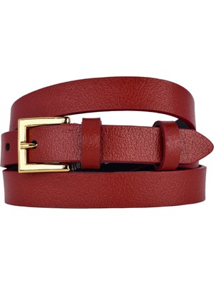 %100 Hakiki Deri, Gold Renk Tokalı Ince 2 cm Kırmızı Kadın Kemeri; Elbise, Pantolon Kemeri Kare.
