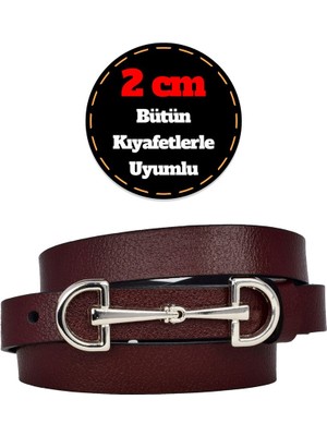 %100 Hakiki Deri, Gümüş Tokalı Ince 2 cm Bordo Kadın Kemeri; Elbise Kemeri, Pantolon Kemerid&d