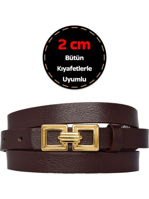 %100 Hakiki Deri, Gold Renk Tokalı Ince 2 cm Koyu Kahverengi Kadın Elbise, Pantolon Kemeri; Kare+Kar