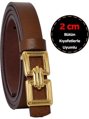 %100 Hakiki Deri, Gold Renk Tokalı Ince 2 cm Açık Kahverengi Kadın Elbise, Pantolon Kemeri; Kare+Kar