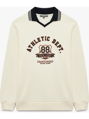 Renk Kontrastlı Polo Yaka Uzun Kollu Kolej Baskılı Sweatshirt