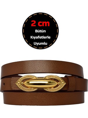 %100 Hakiki Deri, Gold Renk Tokalı Ince 2 cm Açık Kahverengi Kadın Elbise, Pantolon Kemeri; Tümsek